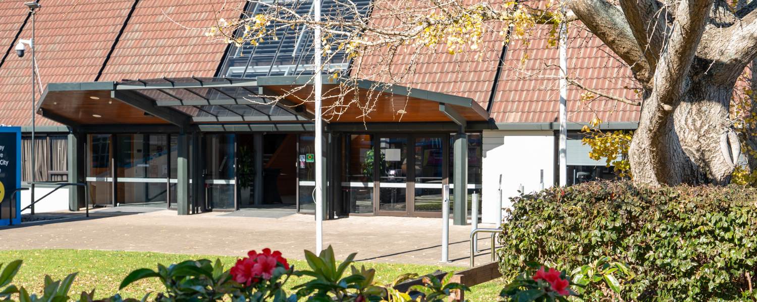 Baycourt Theatre entrance in Tauranga’s civic precinct.